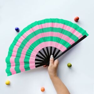 Two Tone Striped Folding Green and Pink Hand Fan Line Dance Color Block